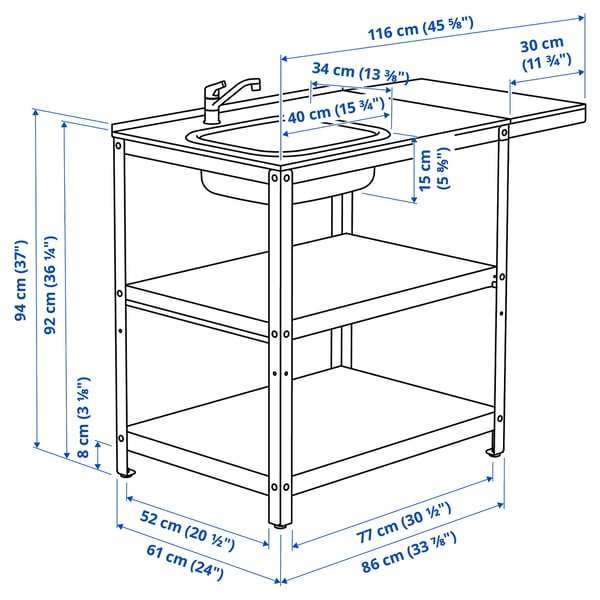 GRILLSKÄR sink unit w side table, stainless steel/outdoor, 93/116x61 cm