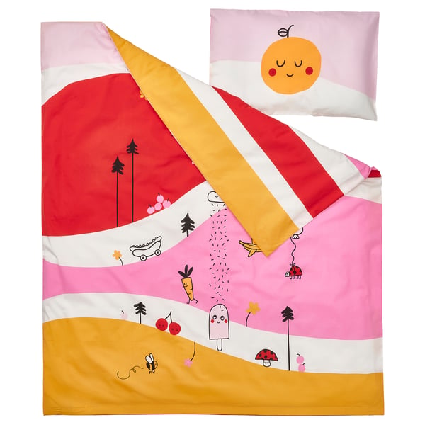 GRÖNFINK duvet cover 1 pillowcase for cot, multicolour/striped, 110x125/35x55 cm