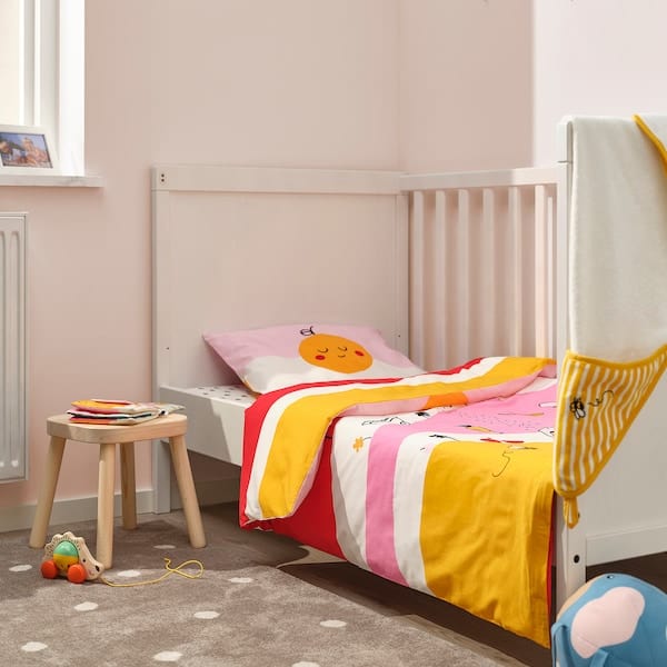 Ikea GRÖNFINK - Duvet cover 1 pillowcase for cot, multicolour/striped, 110x125/35x55 cm
