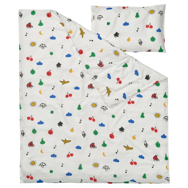 GRÖNFINK duvet cover 1 pillowcase for cot, multicolour, 110x125/35x55 cm