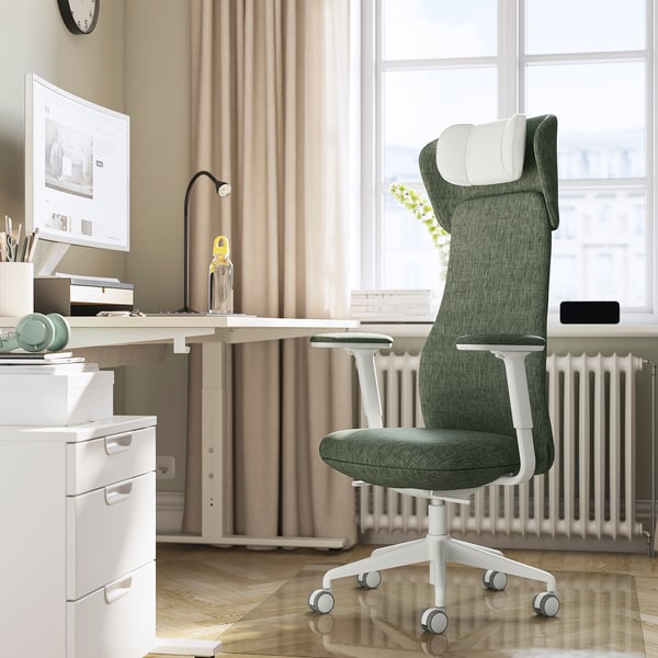 GRÖNFJÄLL office chair with arm/headrest, Letafors green/white, 52x63x71 cm