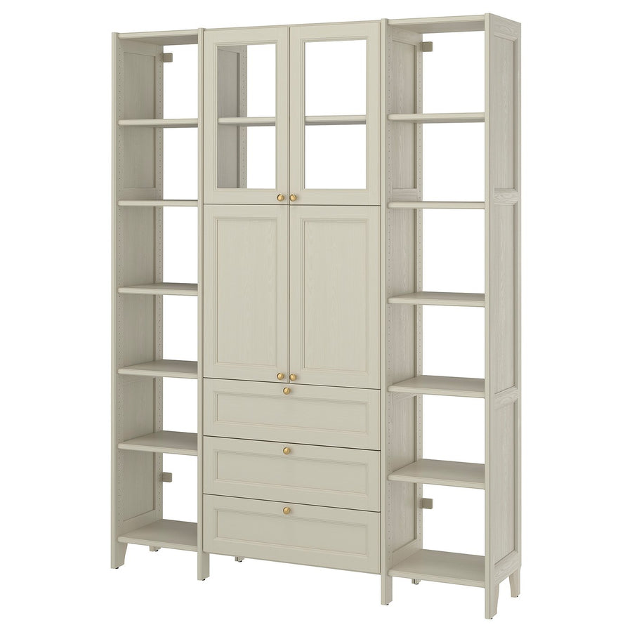 GULDDRAGARE storage combination, beige/clear glass with 3 drawers, 162x37x216 cm