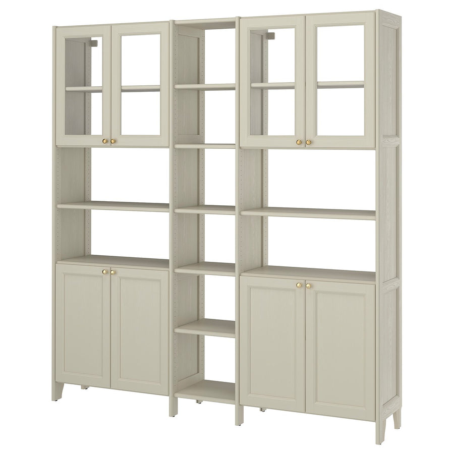 GULDDRAGARE storage combination, beige clear glass/with doors with shelves, 200x37x216 cm