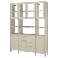GULDDRAGARE storage combination, beige clear glass/with doors and shelves with 3 drawers, 162x37x216 cm