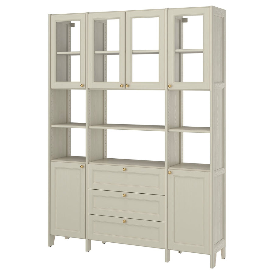 GULDDRAGARE storage combination, beige clear glass/with doors and shelves with 3 drawers, 162x37x216 cm