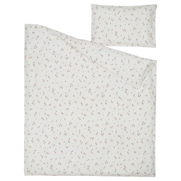 GULDVÄVARE duvet cover 1 pillowcase for cot, white/floral pattern, 110x125/35x55 cm