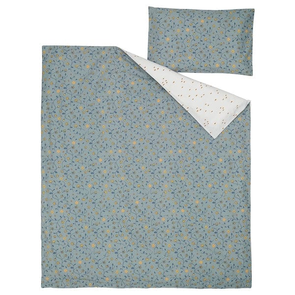 Ikea GULDVÄVARE - Duvet cover and 1 pillowcase for cot, blue/white floral motif,110x125/35x55 cm