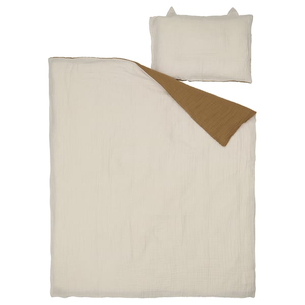 GULDVÄVARE 3-piece bedlinen set for cot, dark yellow/beige, 60x120 cm