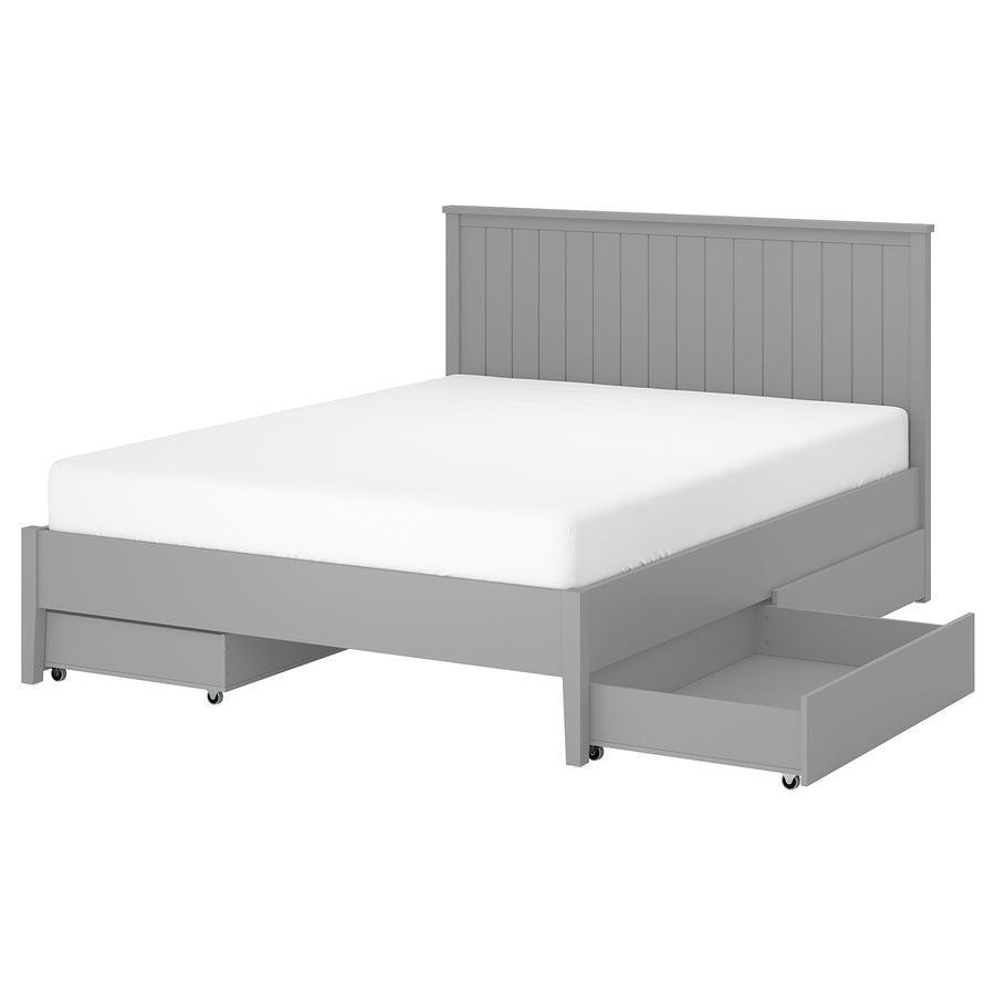GULLABERG bed frame with 4 storage boxes, grey/Luröy, 140x200 cm