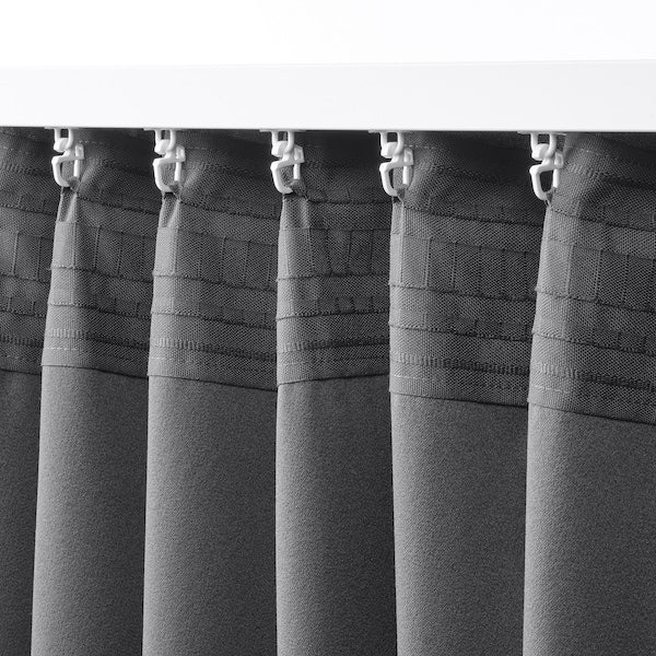 HÄGGVECKMAL room darkening curtains, 1 pair, dark grey/with heading tape, 145x300 cm