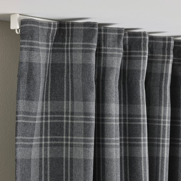 HÄGGVECKMAL room darkening curtains, 1 pair, dark grey/with heading tape, 145x300 cm
