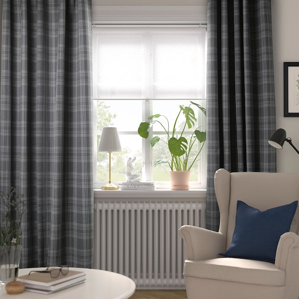 HÄGGVECKMAL room darkening curtains, 1 pair, dark grey/with heading tape, 145x300 cm