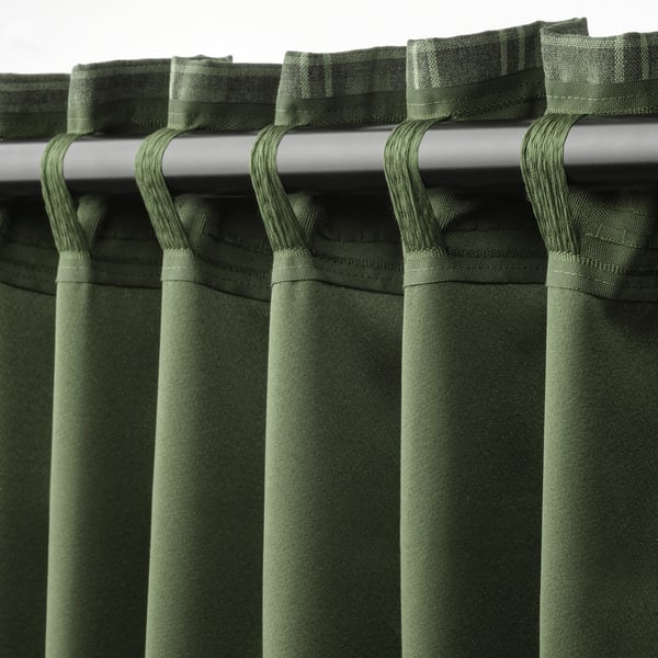 HÄGGVECKMAL room darkening curtains, 1 pair, dark green/with heading tape, 145x300 cm