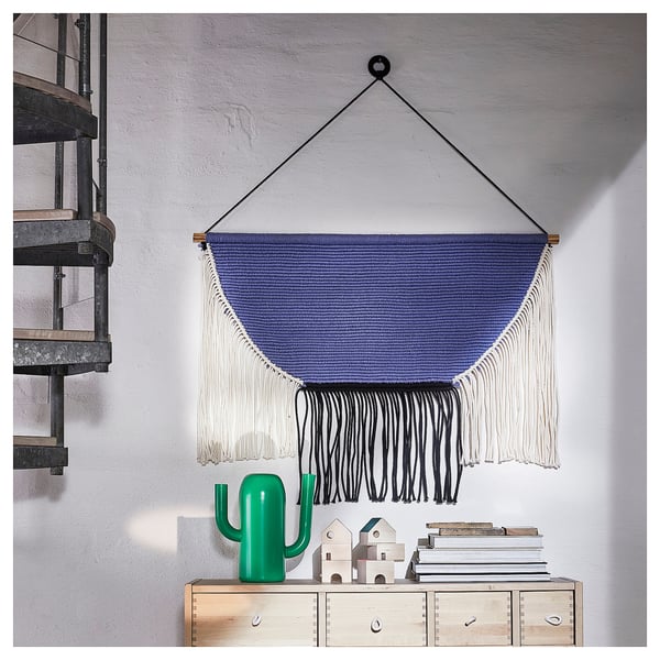 HÄNGALM hanging tapestry, beige black/light lilac-blue, 85x60 cm