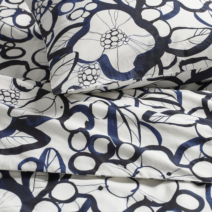 HÄRLIR duvet cover and 2 pillowcases, white black/blue floral pattern, 240x220/50x80 cm