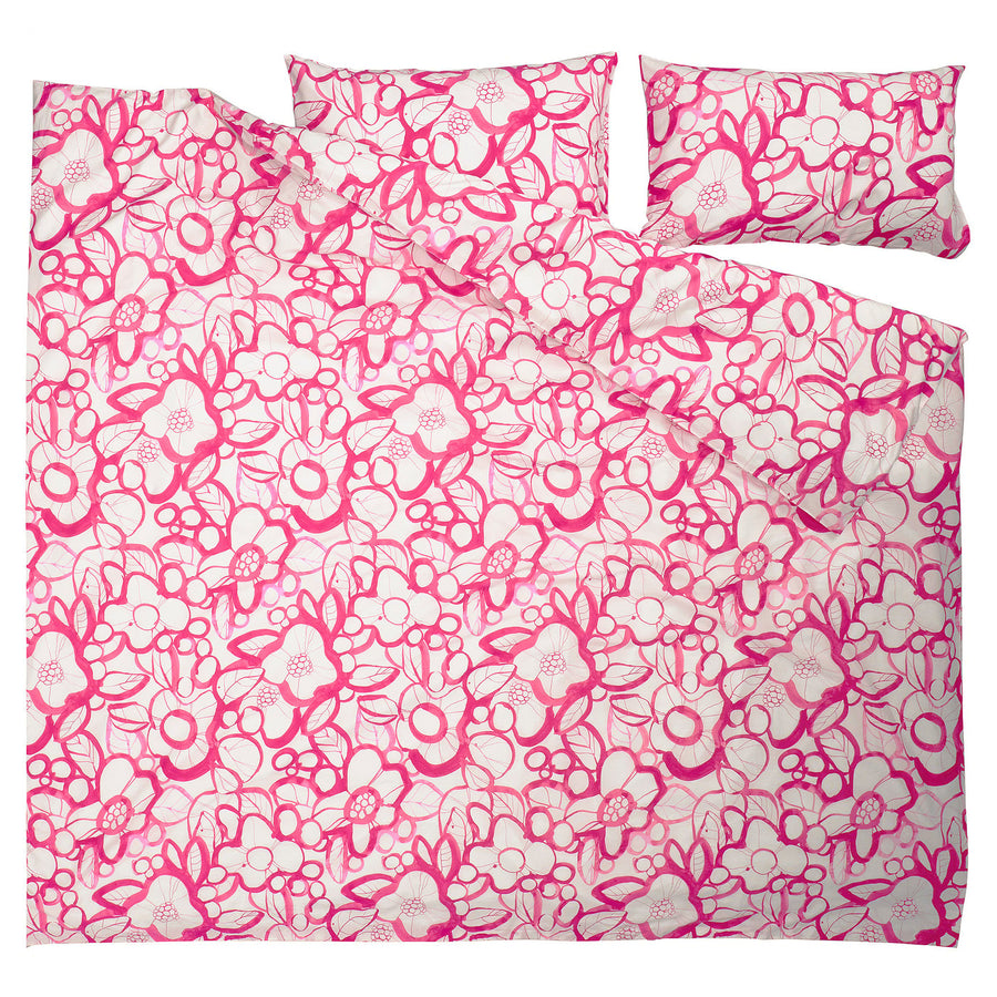 HÄRLIR duvet cover and 2 pillowcases, white bright pink/floral pattern, 240x220/50x80 cm