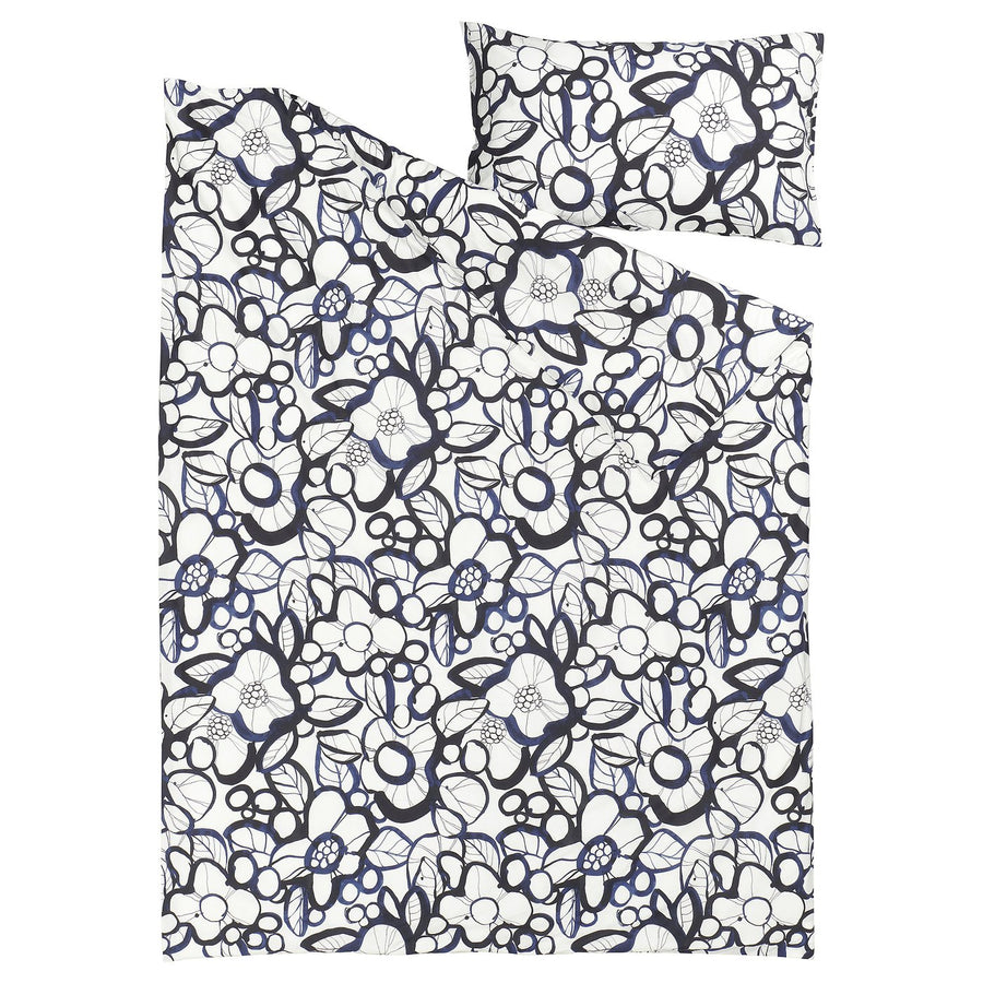 HÄRLIR duvet cover and pillowcase, white black/blue floral pattern, 200x150 cm