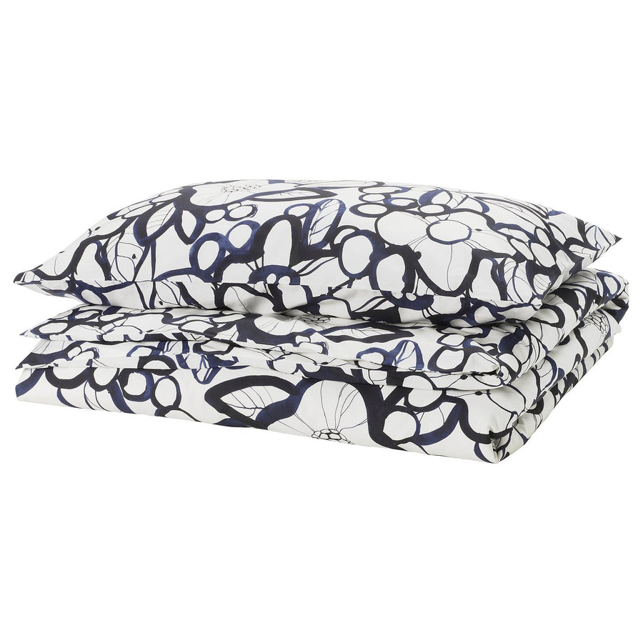 HÄRLIR duvet cover and pillowcase, white black/blue floral pattern, 200x150 cm