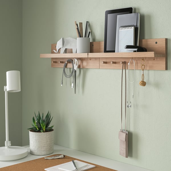 HÄSTVISKARE wall organiser w hooks, oak, 42x15x11 cm