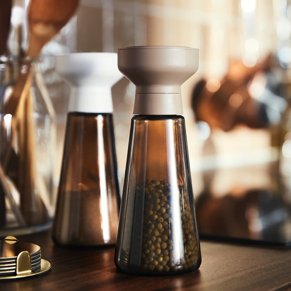 HALVTOM spice mill, glass/brown, 8 cm, 2 pack