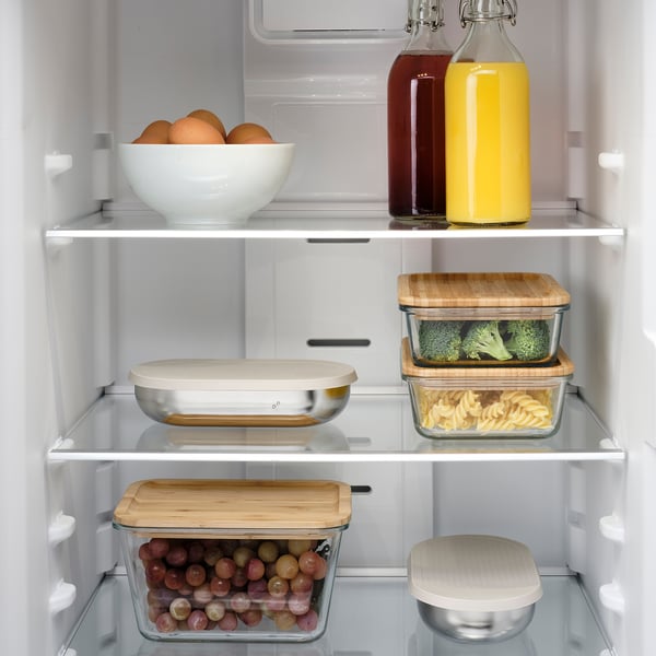 HALVVARM food container w lid and divider, stainless steel/beige