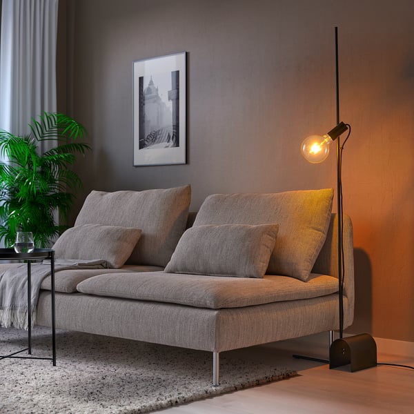 HÅRSLINGA / LUNNOM floor lamp with light bulb, black/clear glass