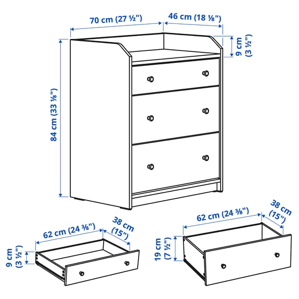 HAUGA chest of 3 drawers, Width: 70 cmDepth: 46 cmHeight: 84 cmDrawer width (internal): 61 cmDrawer depth (internal): 38 cmCapacity: 110 lDrawer slide: 22.9 cm