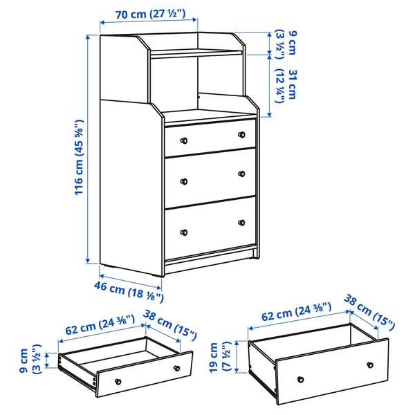 HAUGA chest of 3 drawers with shelf, white, 61x116x38 cm
