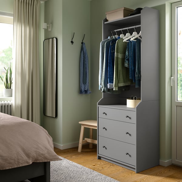 HAUGA open wardrobe with 3 drawers, grey, 70x199 cm