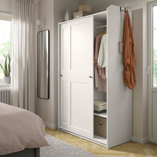 HAUGA wardrobe with sliding doors, white, 118x55x199 cm