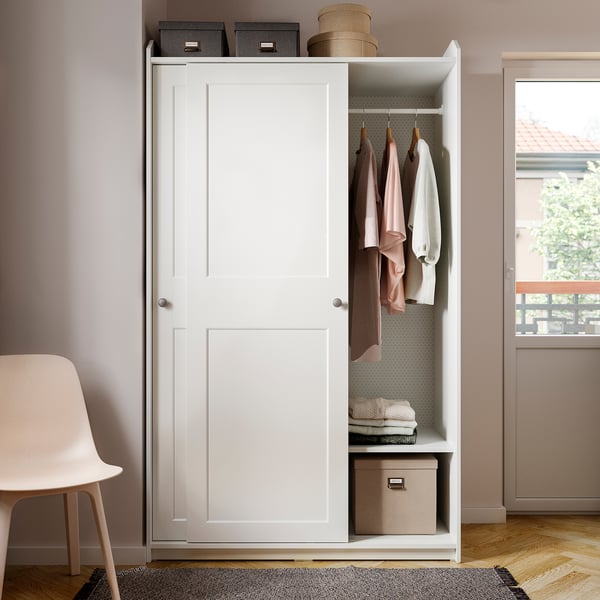 HAUGA wardrobe with sliding doors, white, 118x55x199 cm