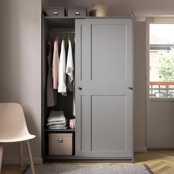 HAUGA wardrobe with sliding doors, grey, 118x55x199 cm