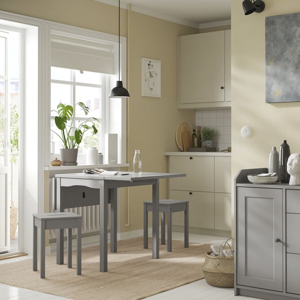 HAUGA / HAUGA table and 2 stools, grey/grey, 55x82x109/74 cm