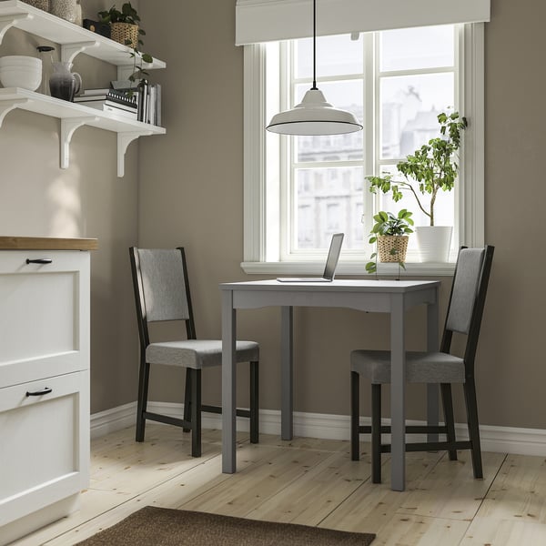 HAUGA / STEFAN table and 2 chairs, grey/brown-black Knisa grey/beige, 74x74 cm