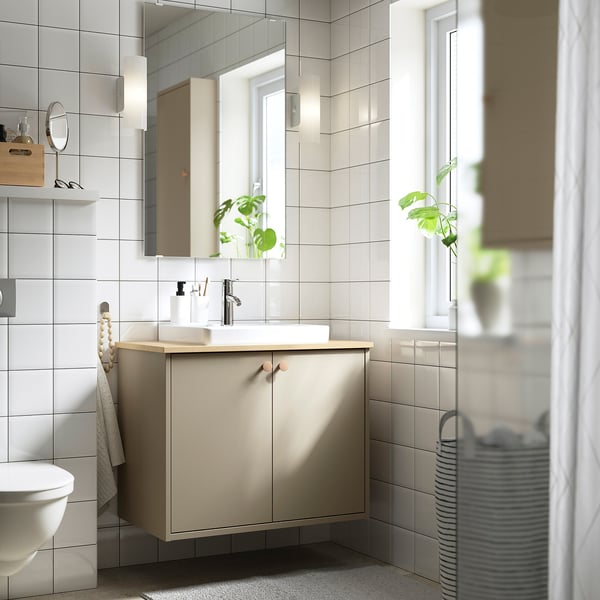 HAVBÄCK / ORRSJÖN wash-stnd w doors/wash-basin/tap, beige/light bamboo, 82x49x71 cm