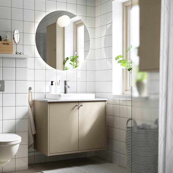 HAVBÄCK / ORRSJÖN wash-stnd w doors/wash-basin/tap, beige/white marble effect, 82x49x71 cm