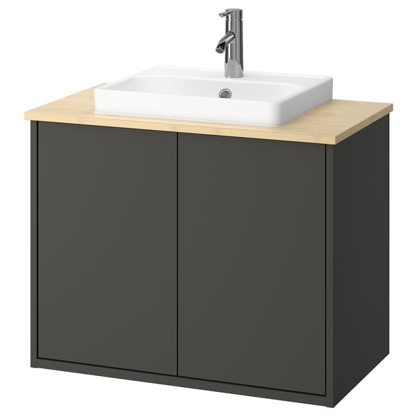 HAVBÄCK / ORRSJÖN wash-stnd w doors/wash-basin/tap, dark grey/light bamboo, 82x49x71 cm