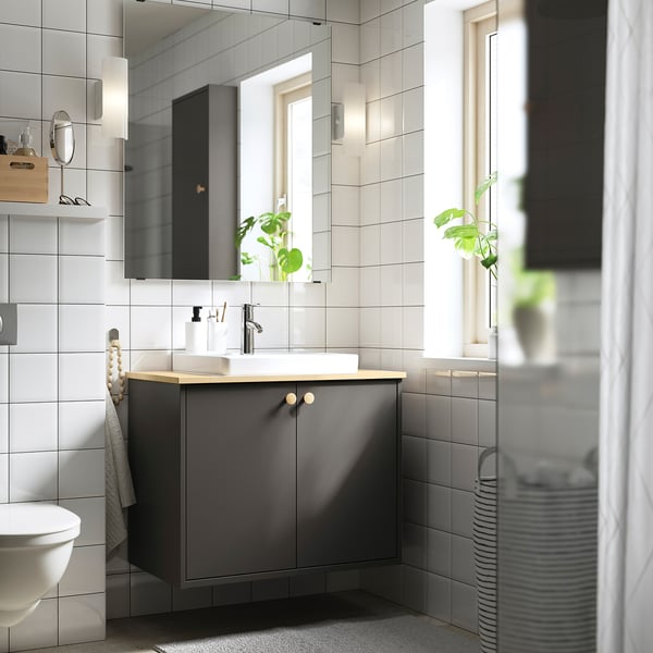 HAVBÄCK / ORRSJÖN wash-stnd w doors/wash-basin/tap, dark grey/light bamboo, 82x49x71 cm