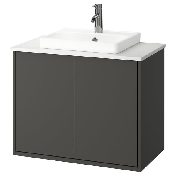 HAVBÄCK / ORRSJÖN wash-stnd w doors/wash-basin/tap, dark grey/white marble effect, 82x49x71 cm