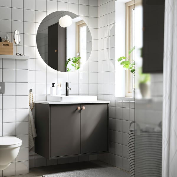 HAVBÄCK / ORRSJÖN wash-stnd w doors/wash-basin/tap, dark grey/white marble effect, 82x49x71 cm