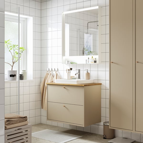 HAVBÄCK / ORRSJÖN wash-stnd w drawers/wash-basin/tap, beige/bamboo, 82x49x71 cm