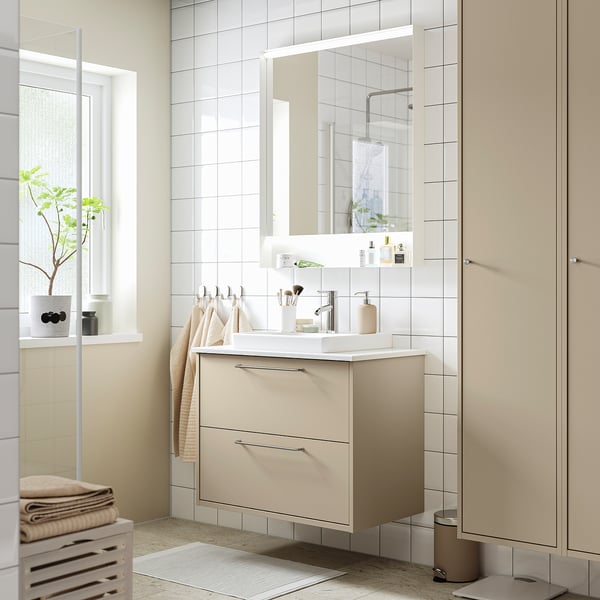 HAVBÄCK / ORRSJÖN wash-stnd w drawers/wash-basin/tap, beige/white marble effect, 82x49x71 cm