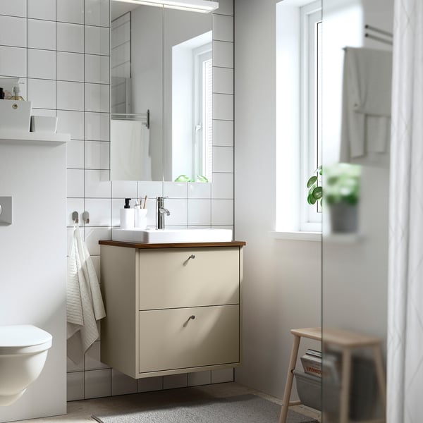HAVBÄCK / ORRSJÖN wash-stnd w drawers/wash-basin/tap, beige/brown walnut effect, 62x49x71 cm