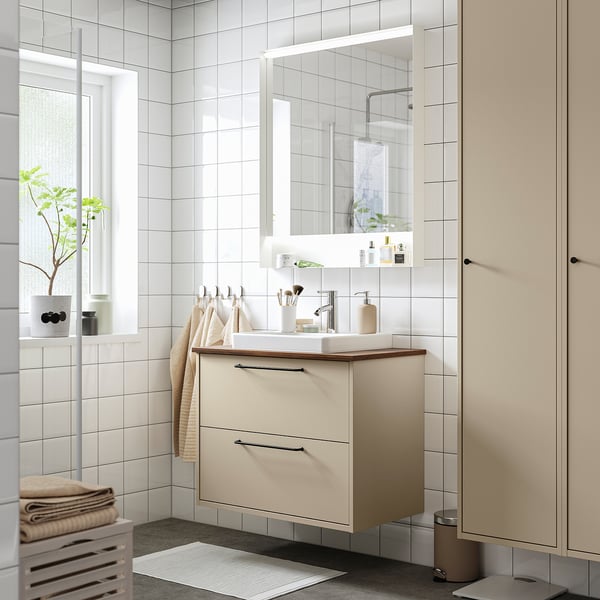 HAVBÄCK / ORRSJÖN wash-stnd w drawers/wash-basin/tap, beige/brown walnut effect, 82x49x71 cm