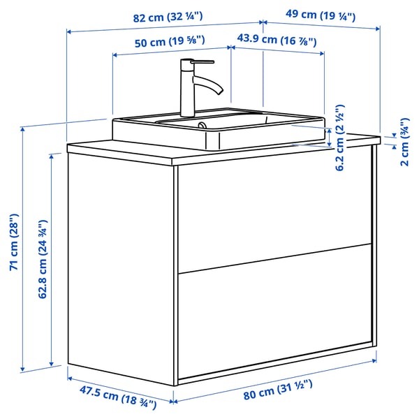 HAVBÄCK / ORRSJÖN wash-stnd w drawers/wash-basin/tap, beige/black marble effect, 82x49x71 cm