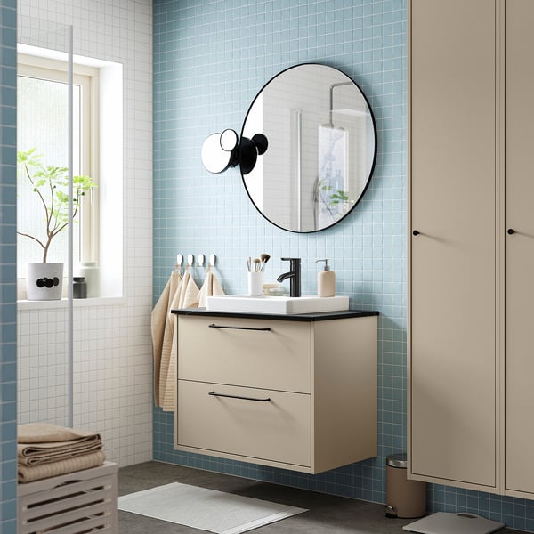 HAVBÄCK / ORRSJÖN wash-stnd w drawers/wash-basin/tap, beige/black marble effect, 82x49x71 cm