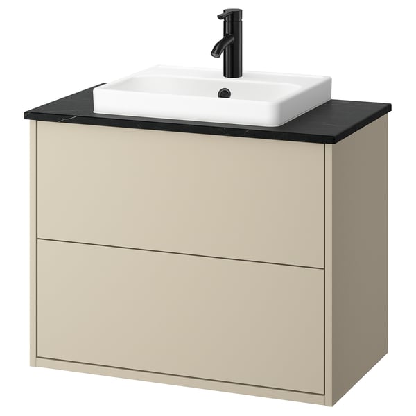 HAVBÄCK / ORRSJÖN wash-stnd w drawers/wash-basin/tap, beige/black marble effect, 82x49x71 cm