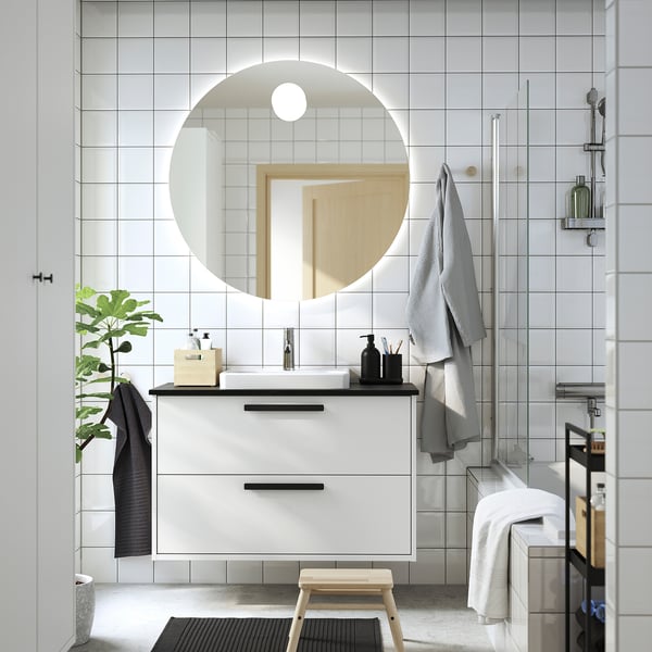 HAVBÄCK / ORRSJÖN wash-stnd w drawers/wash-basin/tap, white/black marble effect, 102x49x71 cm
