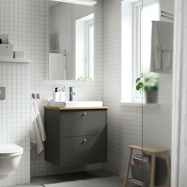 HAVBÄCK / ORRSJÖN wash-stnd w drawers/wash-basin/tap, dark grey/bamboo, 62x49x71 cm