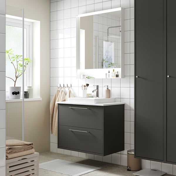 HAVBÄCK / ORRSJÖN wash-stnd w drawers/wash-basin/tap, dark grey/white marble effect, 82x49x71 cm
